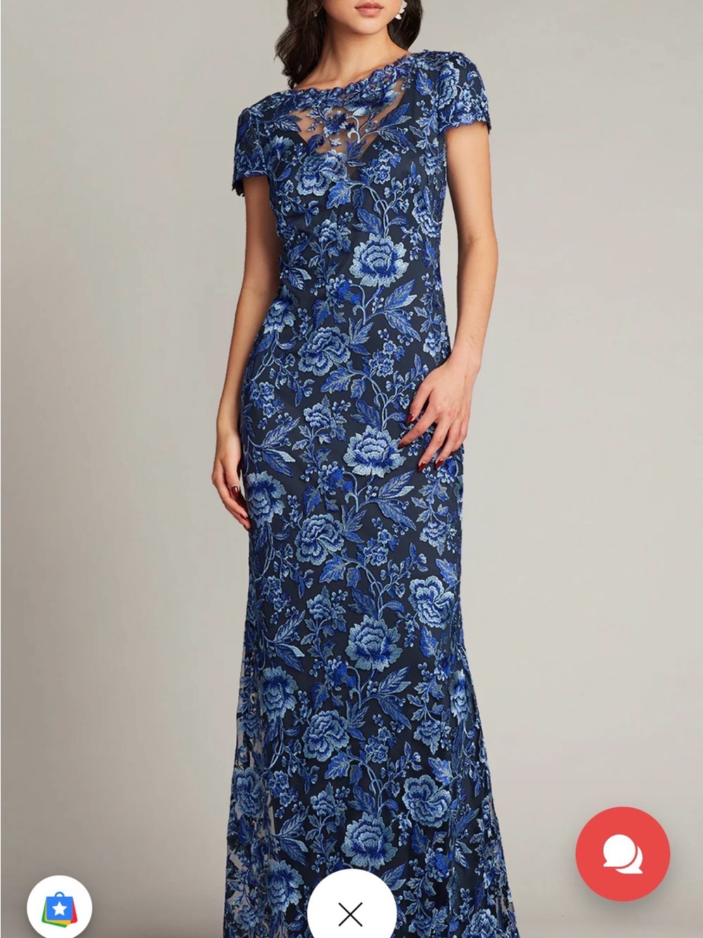Tadashi Shoji Blue Floral Lace Maxi Dress with Sheer Illusion Yoke- New w tags!
